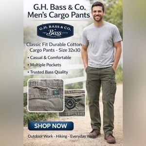 GH Bass Canvas Pants Men Tan Khaki Flat Front Zip Cargo Pocket Sz 32 x 30